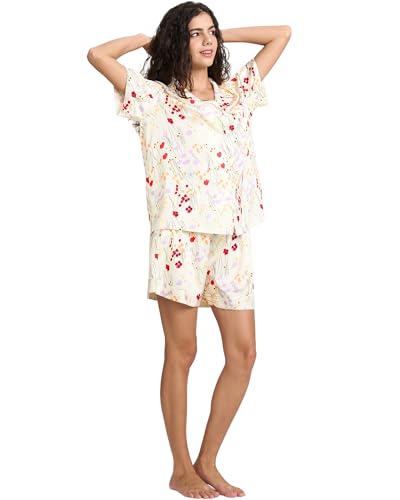 Image of YiNi LuLu Womens Silk Satin Shorts Pajamas Set Button Down 2 Piece Pjs Short Sleeve Oversized Sleepwear with Pockets