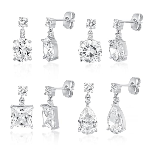 MDFUN 4 Pairs Teardrop Dangle Earrings Set for Women, 18K Gold Plated Round Princess Cut Clear Cubic Zirconia Tear Drop Dangle Earrings Hypoallergenic Jewelry