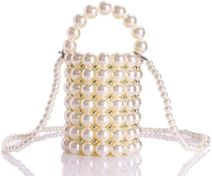 Abvokury YUSHINY Beaded Handbag for Women White Pearl Decoration Evening Bags with Detachable Chain Inner Bag Medium
