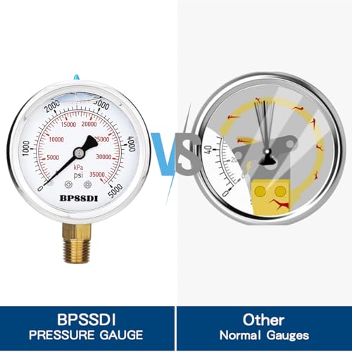 Image of 0-5000 Psi Glycerin Liquid Filled Hydraulic High Pressure Gauge, 2.5 inch Dial Size, 1 /4 inch NPT Lower Mount, 304 Stainless Steel Case, for Water Oil Air Gas Pressure Test