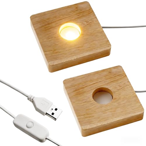 Image of 2pcs LED Wood Light Base for 3D Crystal Glass Art, Resin Art & Acrylic - Square Lighted Lamp Stand Pedestal for Tabletop, Cabinet, Bedside Crystal Sphere Display