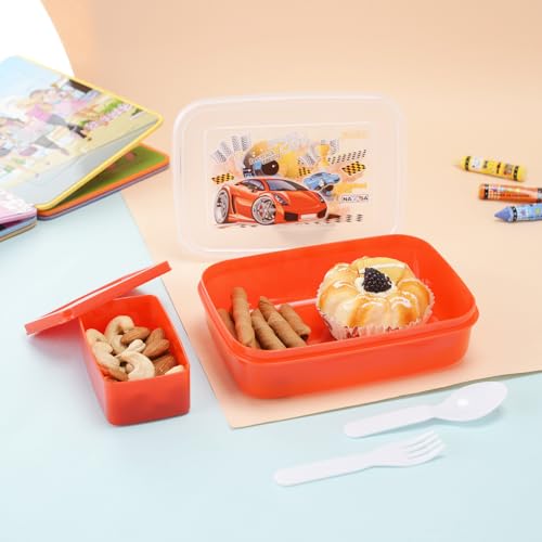 Image of Nayasa Ninja 2 Compartment BPA-Free Plastic Lunch Box for Kids Boys | Cars Print | Leak Proof Push Lock | Red