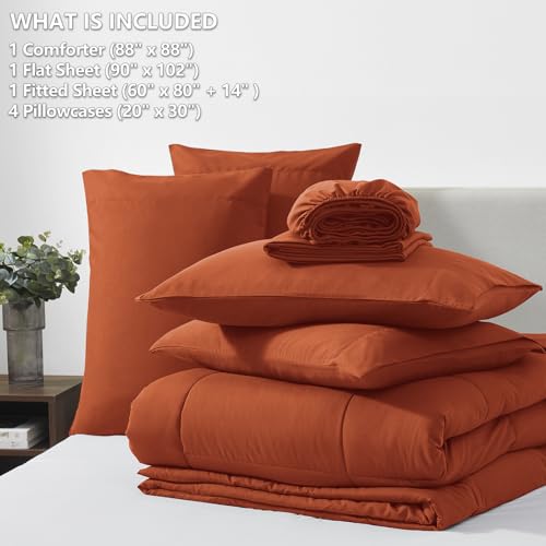 CozyLux Queen Comforter Set Terracotta, 7 Pieces Bed in a Bag, Burnt Orange Fall Comforter Queen Size, All Season Bedding Sets with Stitch Quilted Comforter, Flat Sheet, Fitted Sheet, Pillowcases