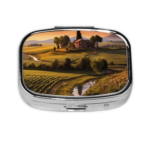 スクエアピルボックス かわいい 小さなピルケース 2コンパートメント 農場の風景 財布用ピルボックス ポケットポータブルピルコンテナホルダー ビタミンや薬、魚油を収納