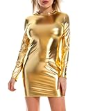 PARUPRUP Shiny Long Sleeve Dress for Women, Stretch Leather Bodycon Mini Dress, Sexy Metallic Wetlook Round Neck Club Hip Skirt, Slim Fit Mini Pencil Dresses (UK, Alpha, M, Regular, Regular, Gold)