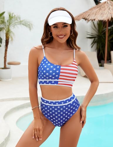 Image of BMJL Women's High Waisted Bikini Ribbed Two Piece Swimsuit High Cut Color Block Adjustable Straps Bathing Suit