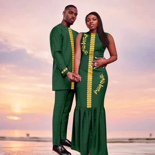 African Couple Clothing Sleeveless Women's Dress with Men's Suit Bazin Riche Attire Set for Wedding2