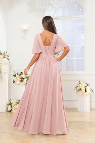 OFEECHUN Flutter Sleeve Chiffon Bridesmaid Dresses for Women with Slit A Line Ruffle Formal Wedding Guest Dress with Pockets2