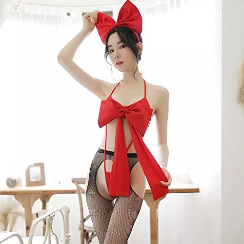 HANDADA Women's Sexy Honeymoon Underwear Bride Soft Pyjamas Full Slip Mesh Pyjama Dress Uniform Underwear Hanging Neckband Big Bow Bare Back Jumpsuit Red Women's Dress Underwear
