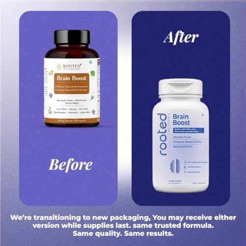 Image of Rooted Brain Boost - 6-in-1 Advanced Nootropic with Brahmi, Lion's Mane & Ayurvedic Herbs | Supports Focus, Memory, Mental Clarity & Stress Balance | Standardized Extracts | 60 Veg Capsules
