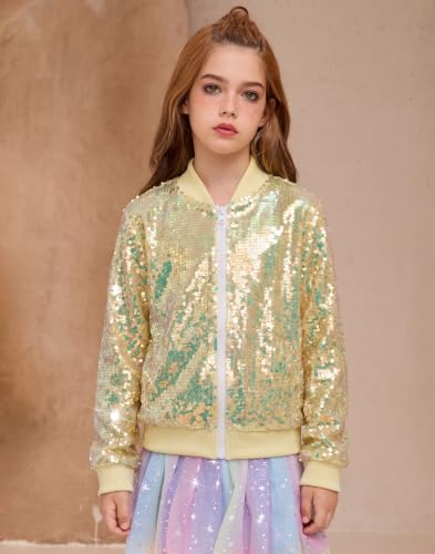 Image of Girls Sequin Bomber Jacket Sparkly Bomber Zipper Outfit 5-12T | Lightweight Sequin Jackets with Pockets