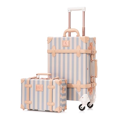 Image of UNIWALKER Vintage Luggage Set, 2 Piece Faux Leather Carry on Suitcase with Spinner Wheels TSA Lock and Cosmetic Train Case for Women, Blue Strip, 20 inch+12 inch