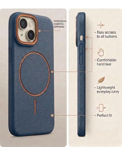 Image of amazon basics Luxury MagSafe Compatible Leather Texture Back Cover for iPhone 13 | Raised Camera Protection | Slim Fit Shockproof Case with Metallic Accents (Dark Blue)
