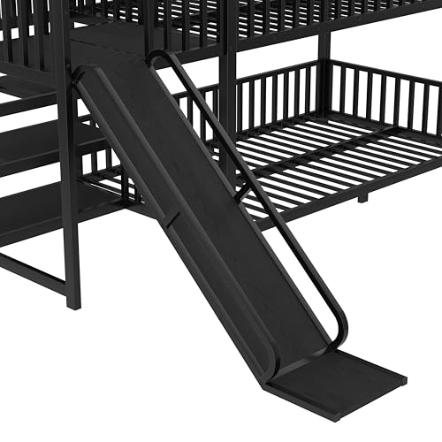 Image of Bellemave Metal Bunk beds Twin Over Twin with Slide and Storage Stairs, House Floor bunk Bed with guardrail for Kids,Black