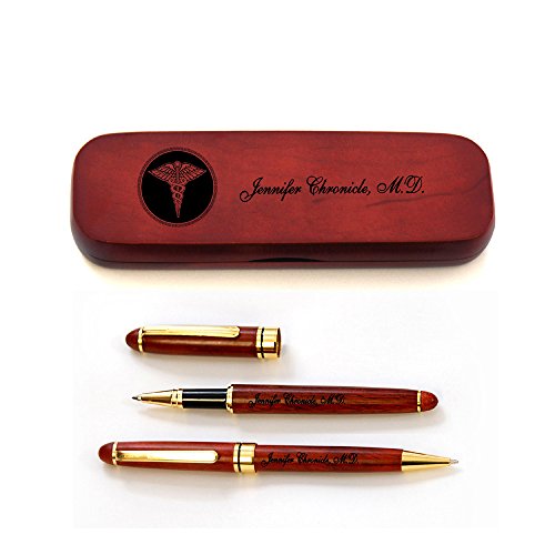 Personalized Solid Rosewood Case and Two Pens for Doctor
