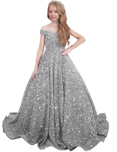 Girl's Sequin Flower Girl Dress Off Shoulder Pageant Dresses with Pockets Kids Long Prom Party Gowns