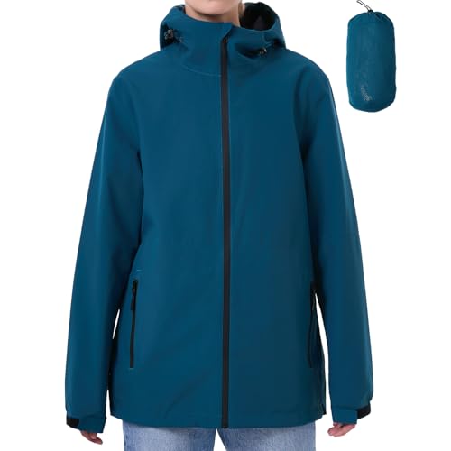 PYALT Regenjacke Damen Wasserdicht Outdoorjacke Atmungsaktiv Regenmantel Mit Kapuze Faltbar Leicht Windbreaker Fahrradjacke Navy Blue M