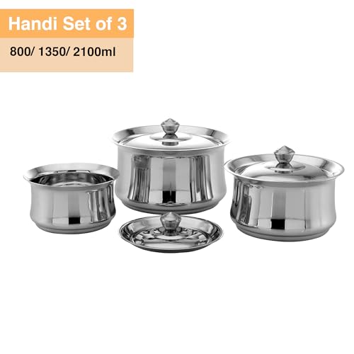 Image of Expresso Stainless Steel Handi Set with Lid for Serving, Cooking Bowl, Biryani Handi Set of 3 Pieces | Heavy Gauge Induction Friendly Kitchen, Patila Hot Pot Degchi 800 /1350 /2100ml Model - KIA