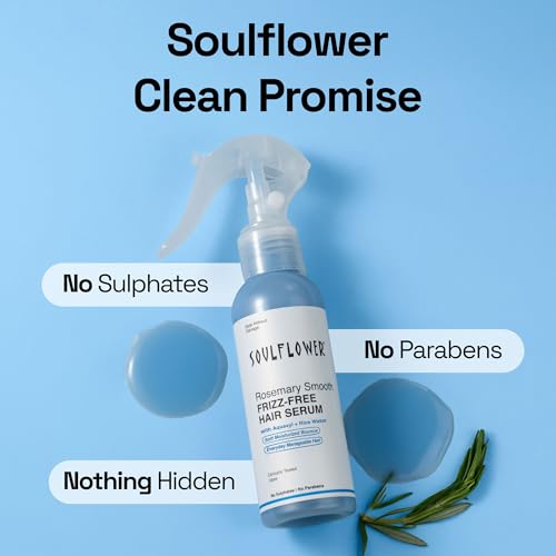 Image of Soulflower Rosemary Hair Serum for Dry Frizzy Hair, Anti Frizz Control, Hair Perfume, UV Filter & Heat Protection, Rice Water| Scientifically formulated for Women & Men for long & Shiny Hair | 100ml