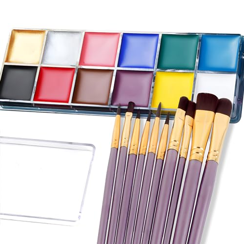 Face Paint Kit, 12 Colors Painting Palette with 10 Brushes Water-Based Body Paint Face Makeup Safe and Easy to Clean for Halloween Carnivals Cosplay Party Stage Performances - Image 3
