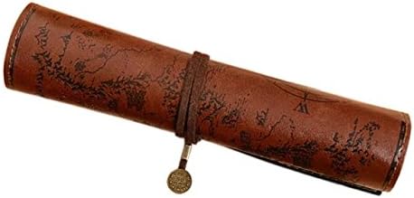ANTIMAX Vintage Roll Up Pencil Case Creative Map Matte Smooth Cover Pencil Pouch Art Makeup Cosmetic Pouch with Pendant for Business School Gifts Smooth Dark Brown