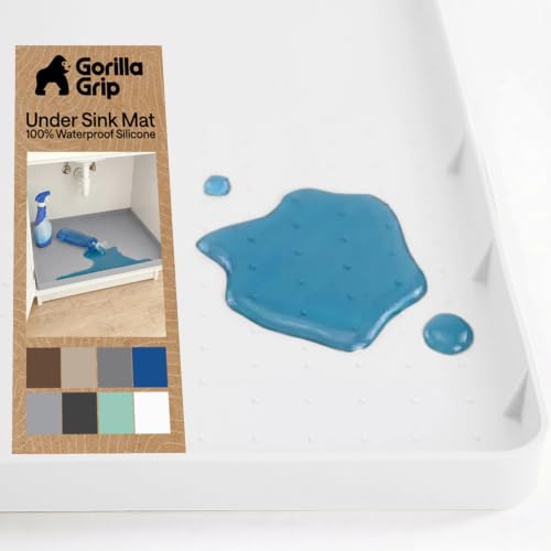 GORILLA GRIP Waterproof Silicone Under Sink Mat with Raised Lip for Kitchen and Bathroom, Cabinet Shelf Liner Stay in Place Mats Dishwasher Safe Drawer Liner, Organizer Tray, 15 x 22 in, White