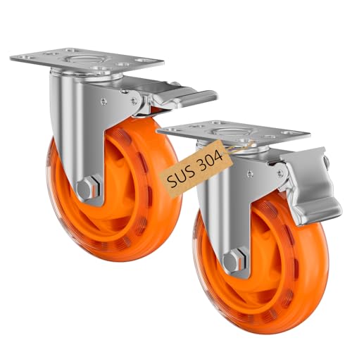 TESUMI 4" Inch Stainless Steel Caster Wheels Maintenance-Free SUS 304 Washable Heavy Duty Casters Total Lock Brake Anti-Corrosion Waterproof Caster Wheels for Restaurants, Labs, Hospitals-2 Packs