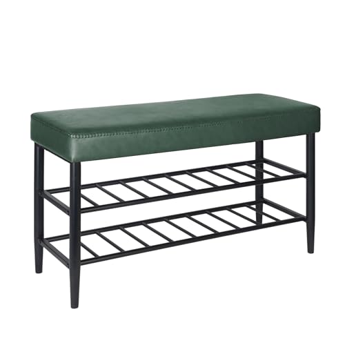 Banc à Chaussures Relaxdays, Assise rembourrée en Simili Cuir, 2 étagères pour 6 Paires, H x L x P 50x80x30 cm, Vert