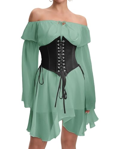 Image of Womens Green Corset Dress Off Shoulder Bell Sleeve Irregular Two Piece Outfits Bustier Dresses L
