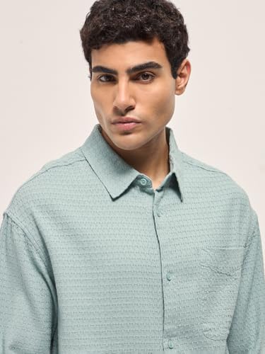 Image of THE BEAR HOUSE Men Pure Cotton Textured Relaxed Fit Overshirt