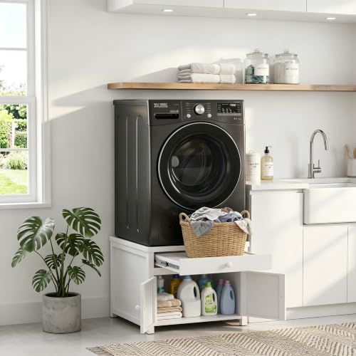 Image of 2 Pack Washer and Dryer Pedestals Stand With Pull-out Shelf, 29 inch W Universal Fit Metal Laundry Pedestal with Bulit-in Drain and Enclosed Storage, Anti-Vibration, 770 LBS Capacity, 23 inch H, White