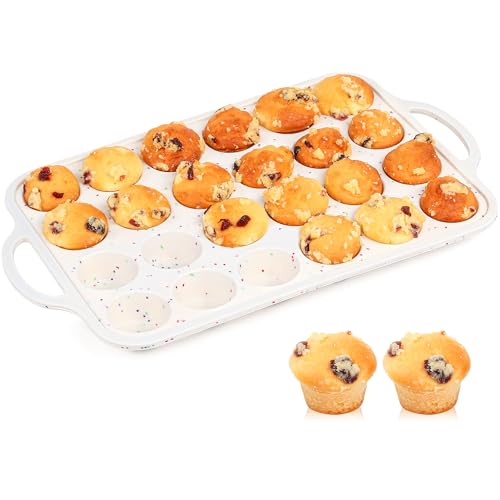 AOTASO 1 Pc Mini Muffin Pan with Metal Reinforced Frame, 24 Cups Nonstick Silicone Cupcake Tray for Baking, Food Grade Small Muffin Molds with Handles (Cream)