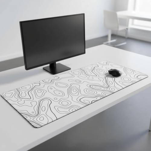 Image of White Abstract Contour Line Extended Desk Mat (305 x 813 mm) - 3mm Thick Premium Rubber Base Mouse Pad for Office, Gaming & Work Setup