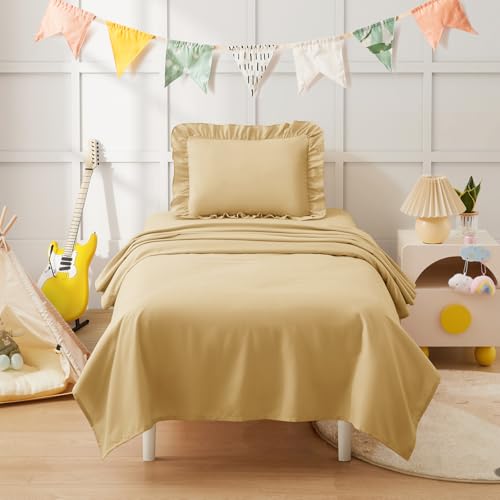 Image of KKJIAF 3 Piece Toddler Sheet Set Microfiber, Includes a Flat Sheet, a Fitted Sheet and a Ruffle Pillowcase, Gold