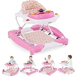 INFANS Baby Walker, 5 in 1 Behind Walker Learning Seated Rocker Bouncer with Removable Music Tray, Adjustable Height, Washable Seat Cushion, Foldable Activity Center for Toddlers (Pink)