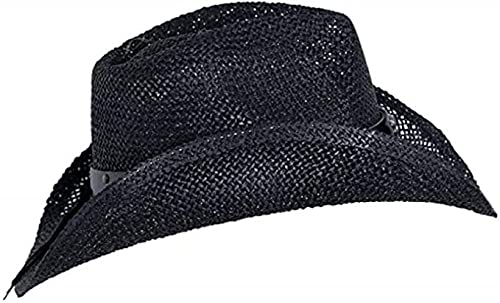 Black Straw Cowboy Hat For Men, Faux Leather, Longhorn, Shapeable Brim #TOP4