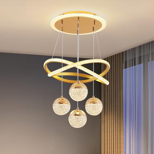 JDONG LED Pendelleuchte Gold Kristall Hängelampe Esstisch Dimmbar 4-flammig