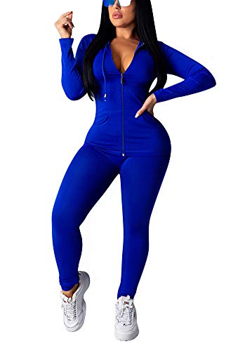 Women Sweatshirt and Pants Set Long Sleeve Drawstring Zip Up Hoodie Jacket Bodycon Long Pants 2 Piece Jumpsuit Activewear Yoga Jogging Workout Gymwear Sport Joggers Tracksuit Outfits Blue, Small