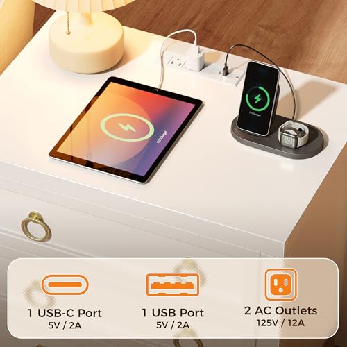 Huuger Paint Night Stand with Charger Station and USB-C Port, 3 Drawer Nightstands Set of 2, Larger Wider Bedside Table, Modern End Table, for Bedroom, White Nightstand - Image 5