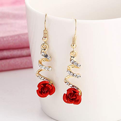 Vintage Red 3D Rose Drop Earrings For Women Statement Dangle Earrings With Crystal Rhinestone Valentine's Day Gift #TOP4