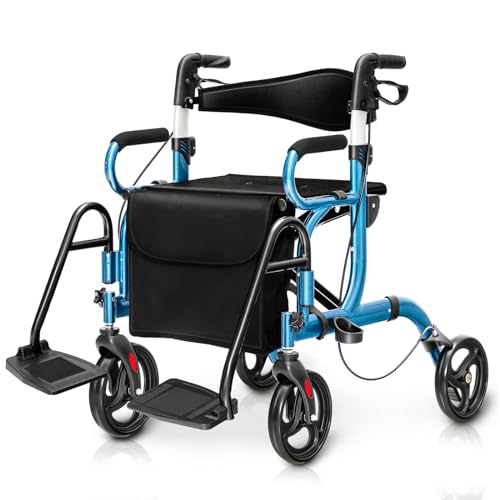 COSTWAY Déambulateur Pliable 2 en 1 avec Dossier Réversible, Rollator Médical en Aluminium avec Roues Poignées Réglables Repose-pieds Sac de Rangement Amovible, pour Personnes Agées (Bleu)