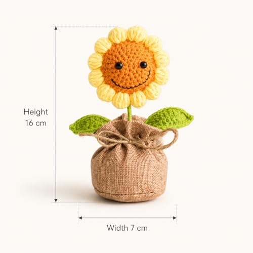 Image of Handmade Crochet Sunflower in Jute Bag 16 cm, Mini Artificial Crochet Flower Pot with Smiley Face, Cute Desk Decor for Home, Office Table, Shelf, Birthday, Friendship & Thank You Gift