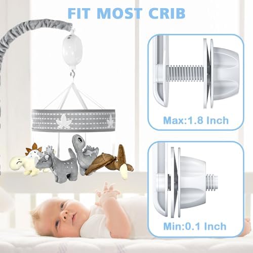 FEISIKE Baby Crib Mobile 28" Height with 3 Modes Musical Box(Turn Only, Music Only,Turn & Music), 12 Lullabies, Volume Control, Nursery Toys for Newborn Ages 0 and Older, Dinosaur Jurassic Theme Toys