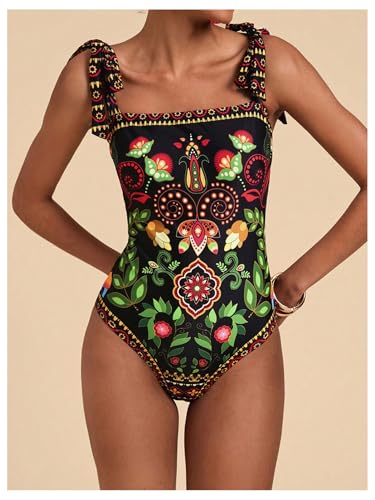 WDIRARA Women's Boho Floral Print One Piece Swimsuit Tie Shoulder Tummy Control Swimwear3