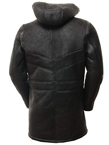 Duffle Sheepskin Leather Jacket for Men Artificial Fur Hooded Coat Black Toggle Button3