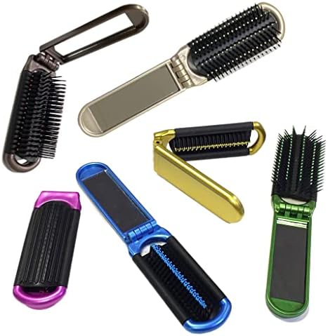 2 ALAZCO Folding Hair Brush With Mirror Compact Pocket Size Travel Car Gym Bag Purse Locker (2 Assorted Colors)