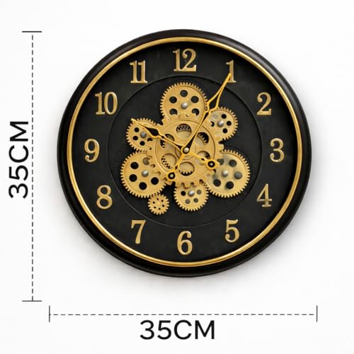 Image of Large Size 35 cms Rotating Moving Gears Wall Clock Industrial Steampunk Real Moving Gear Designer Wall Clock for Living Room Home Decor Office Wooden Look Plastic Round 14 Inch (Black Golden)