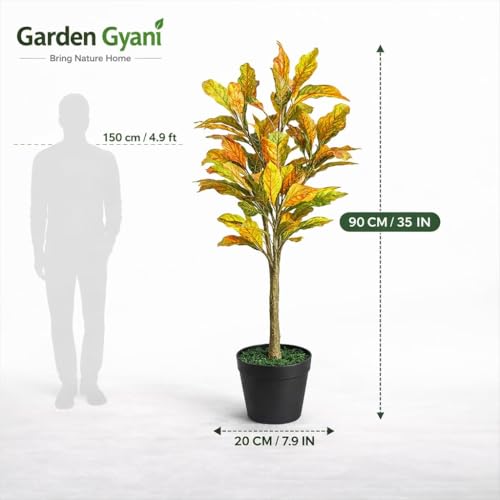 Image of Artificial Croton Plant - 90 cm Tall Faux Decorative Tree Without Pot for Indoor Outdoor Home, Office, Balcony & Living Room Decor