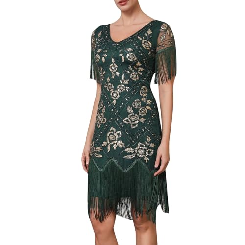 Vestido de flecos de los años 20 con lentejuelas elegante en cuello V para fiesta retro