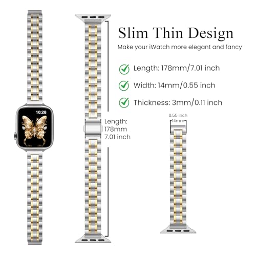 Image of STIROLL Thin Replacement Band Compatible for Apple Watch 49mm 46mm 45mm 44mm 42mm(Series 3 2 1), Stainless Steel Metal Wristband Women Men for iWatch Ultra SE Series 11 10 9 8 7 6 5 4, Silver Gold